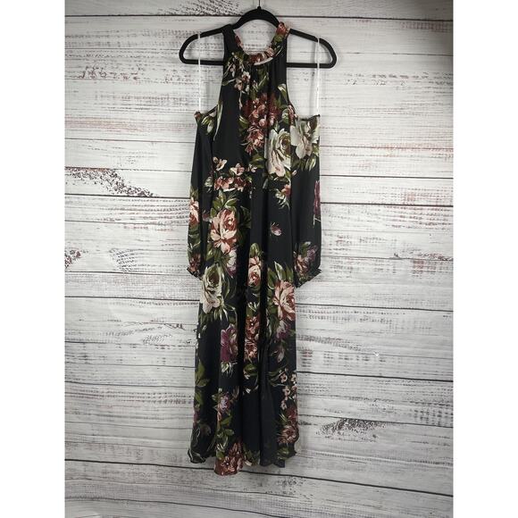 Lulus Dress Women's SZ M Black Floral Cold Shoulder Long Sleeve Maxi Slit Party - Picture 3 of 15